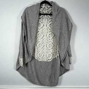 Yoon Open Front Cardigan Women's M Gray Cashmere Wool Blend Lace Back Shawl